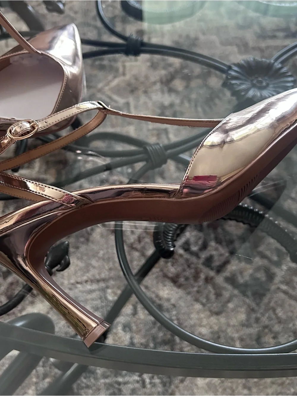 Naturalizer Astrid T-Strap Dress Pump in a Metallic Rose Gold